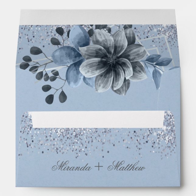 Dusty Blue Silver Geometric Floral Wedding  Envelope (Back (Bottom))