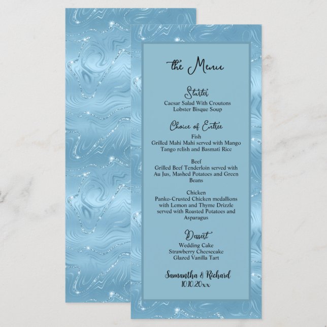 Dusty Blue Silver Glitter 4x9" Wedding Menu  (Front/Back)