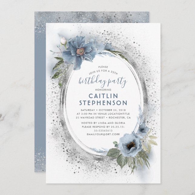 Dusty Blue Silver Glitter Floral Birthday Party Invitation (Front/Back)