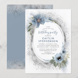 Dusty Blue Silver Glitter Floral Birthday Party Invitation