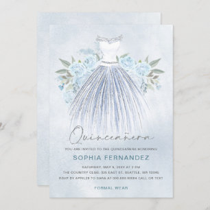 Dusty Blue Silver glitter Floral Dress Quinceañera Invitation