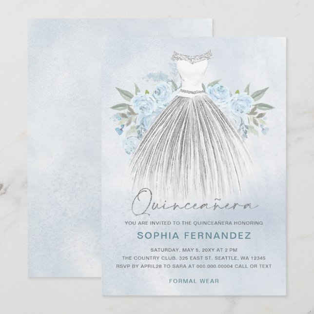 Dusty Blue Silver glitter Floral Dress Quinceañera Invitation (Front/Back)