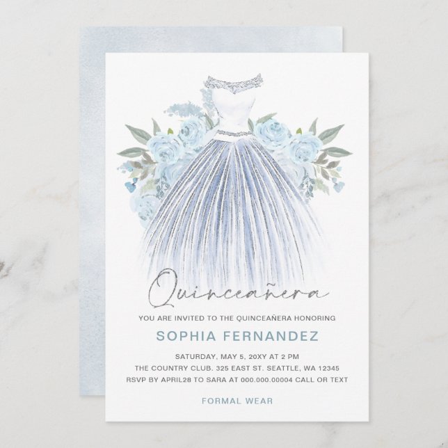 Dusty Blue Silver glitter Floral Dress Quinceañera Invitation (Front/Back)
