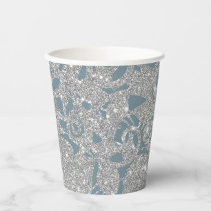 Dusty Blue Silver Glitter Floral  Paper Cups