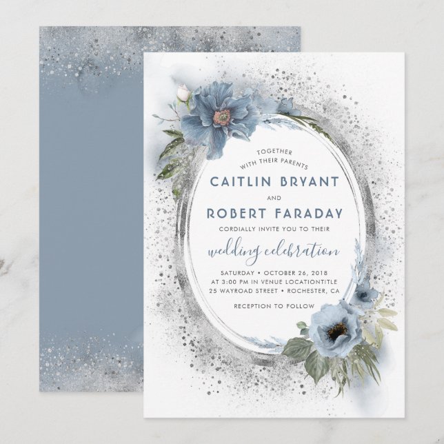 Dusty Blue & Silver Glitter Floral Rustic Wedding Invitation (Front/Back)