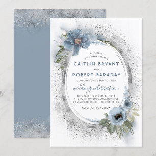 Dusty Blue & Silver Glitter Floral Rustic Wedding Invitation