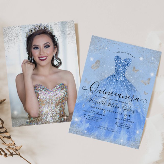 Dusty Blue Silver Glitter Gown Photo Quinceanera Invitation (Creator Uploaded)