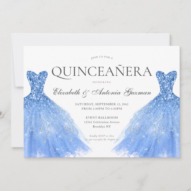 Dusty Blue Silver Glitter Gown Twin Quinceanera Invitation (Front)