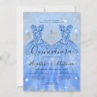 Dusty Blue Silver Glitter Gown Twin Quinceanera