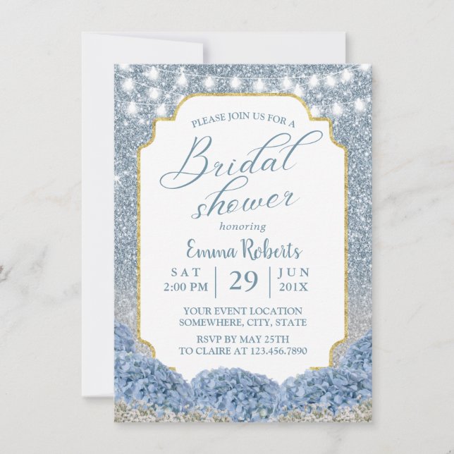 Dusty Blue & Silver Glitter Ombre Bridal Shower Invitation (Front)