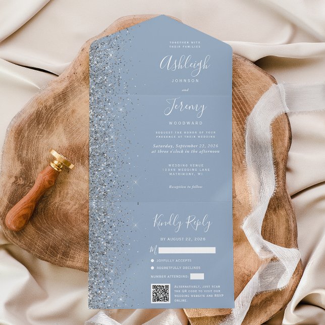 Dusty Blue Silver Glitter QR Code Wedding All In One Invitation (Creator Uploaded)
