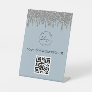 Dusty Blue Silver Glitter Scan Me QR Code Logo Pedestal Sign