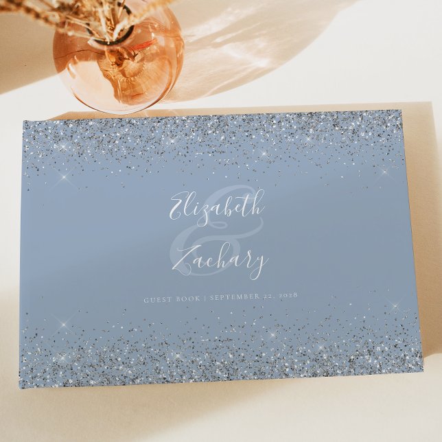 Dusty Blue Silver Glitter Script Guest Book (Creator Uploaded)