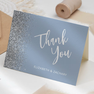Dusty Blue Silver Glitter Script Wedding Thank You Card
