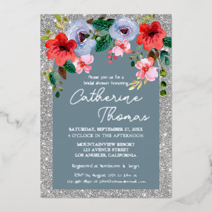 Dusty Blue Silver Glitter Watercolor Floral Arch 