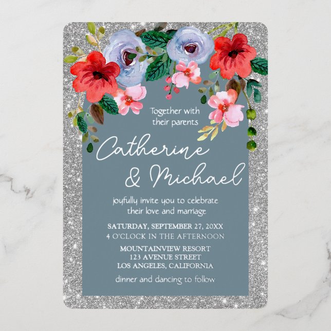 Dusty Blue Silver Glitter Watercolor Floral Arch  (Front)