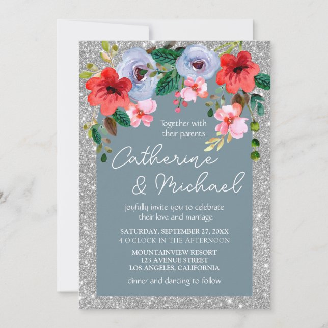 Dusty Blue Silver Glitter Watercolor Floral Arch  Invitation (Front)