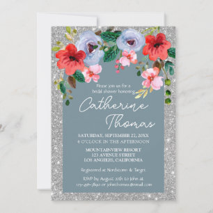 Dusty Blue Silver Glitter Watercolor Floral Arch   Invitation