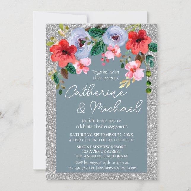 Dusty Blue Silver Glitter Watercolor Floral Arch Invitation (Front)