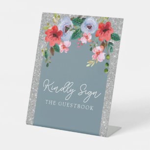 Dusty Blue Silver Glitter Watercolor Floral Arch  Pedestal Sign