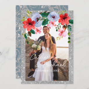 Dusty Blue Silver Glitter Watercolor Floral Arch Thank You Card