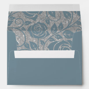 Dusty Blue Silver Glitter Watercolor Floral  Envelope
