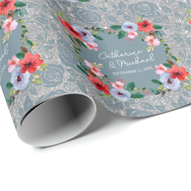 Dusty Blue Silver Glitter Watercolor Floral  Wrapping Paper (Roll Corner)