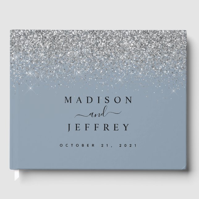 Dusty Blue & Silver Glitter Wedding Guest Book (Front)