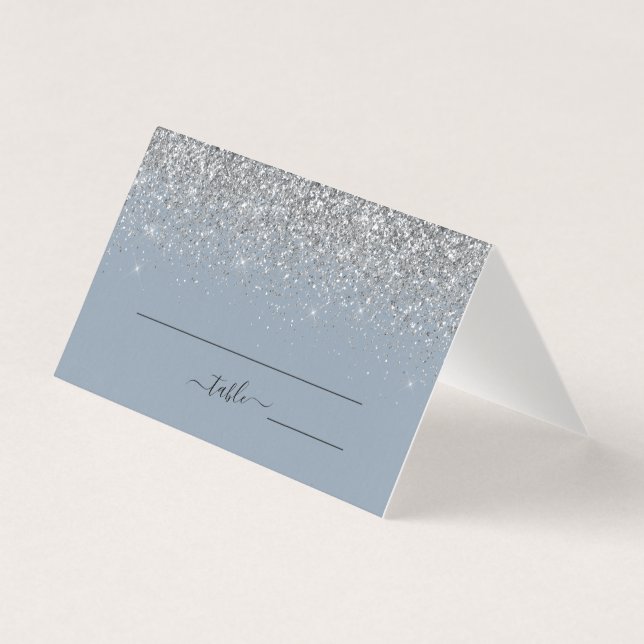 Dusty Blue & Silver Glitter Wedding Place Card (Front)