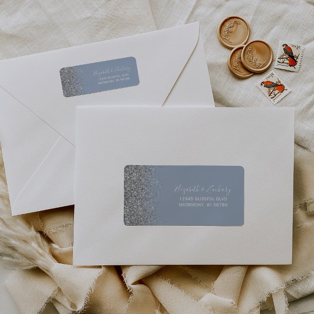 Dusty Blue Silver Glitter Wedding Return Address (Creator Uploaded)