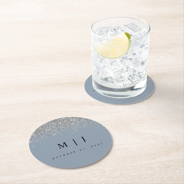Dusty Blue & Silver Glitter Wedding Round Paper Coaster (Insitu)