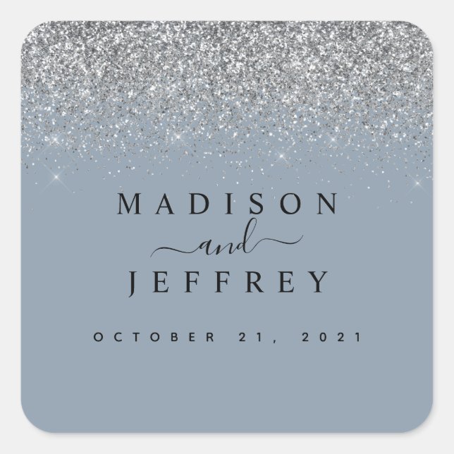 Dusty Blue & Silver Glitter Wedding Square Sticker (Front)