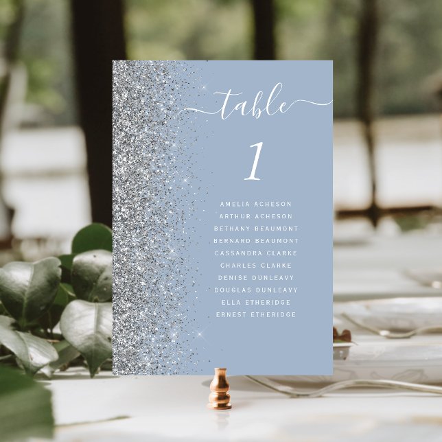 Dusty Blue Silver Glitter Wedding Table Number (Creator Uploaded)