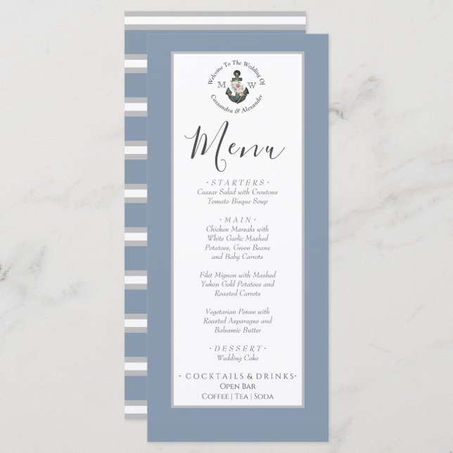 Dusty Blue silver grey, nautical theme wedding  Menu (Front/Back)