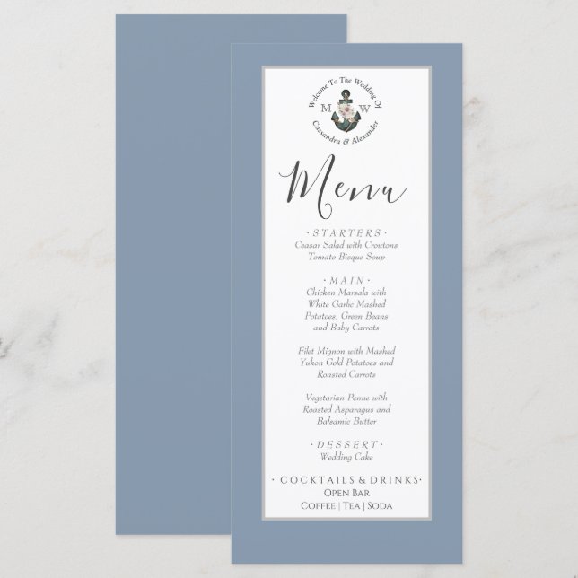 Dusty Blue silver grey, nautical theme wedding  Menu (Front/Back)