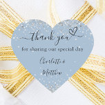 Dusty blue silver heart thank you wedding heart sticker<br><div class="desc">A dusty blue background,  decorated with faux silver glitter.  With the text: Thank you for sharing our special day,  with a small heart.   Personalise and add your names.</div>