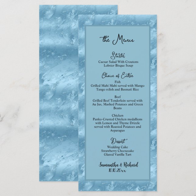 Dusty Blue Silver Marble Glitter 4x9 Wedding Menu  (Front/Back)