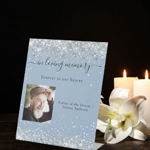 Dusty blue silver photo wedding memorial pedestal sign