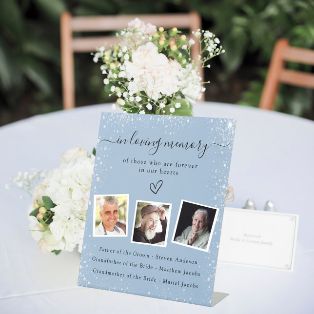 Dusty blue silver photo wedding memorial pedestal sign (Creator Uploaded)