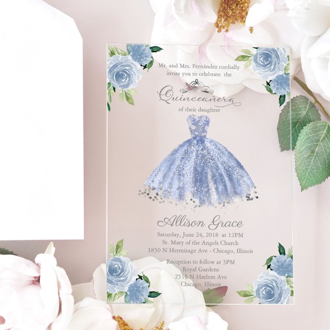 Dusty Blue Silver Princess Dress Quinceañera  Acrylic Invitations (Creator Uploaded)