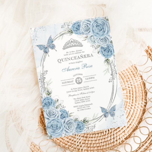 Dusty Blue Silver Quinceanera 15th Birthday Party Invitation (Creator Uploaded)