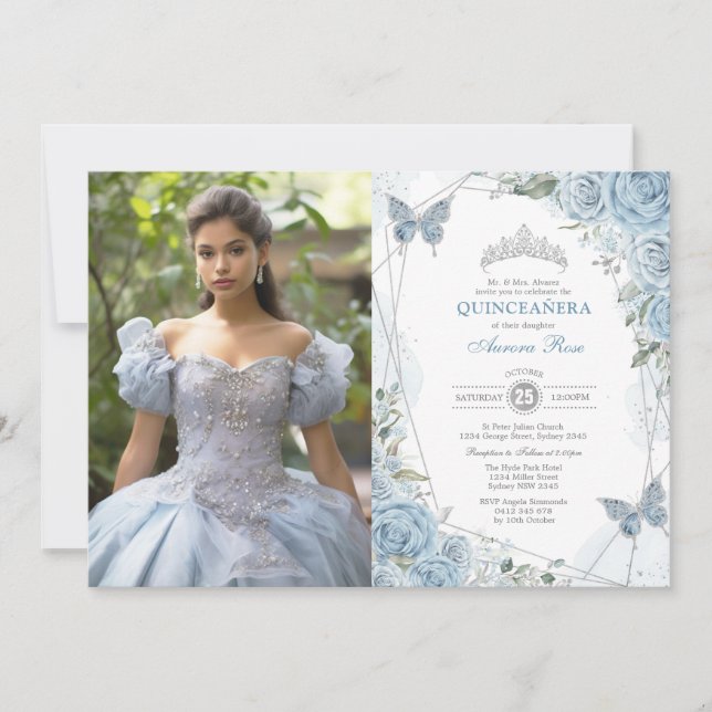 Dusty Blue Silver Quinceañera Butterfly Photo Invitation (Front)