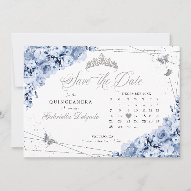 Dusty Blue & Silver Quinceañera Save The Date Invitation (Front)