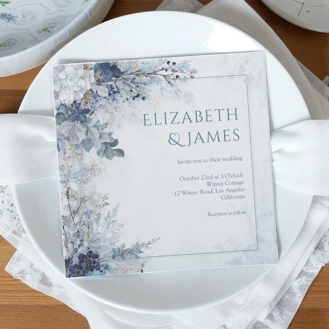 Dusty Blue Silver Rose Winter Floral Wedding Invitation (Dusty Blue Silver Rose Winter Floral Wedding Invitation)