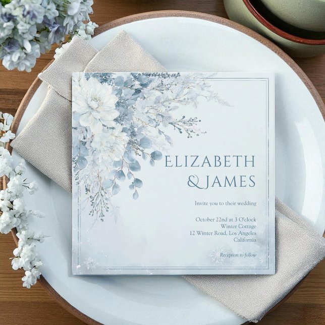 Dusty Blue Silver Rose Winter Floral Wedding Invitation (Dusty Blue Silver Rose Winter Floral Wedding Invitation)