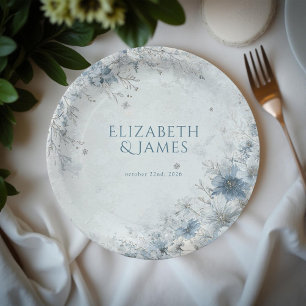 Dusty Blue Silver Rose Winter Floral Wedding Paper Plate
