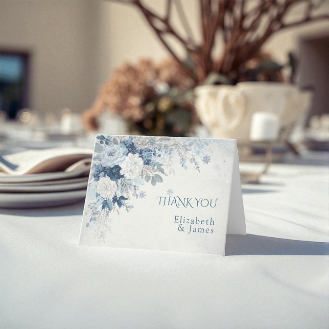 Dusty Blue Silver Rose Winter Floral Wedding Thank You Card (Dusty Blue Silver Rose Winter Floral Wedding Thank You Card)