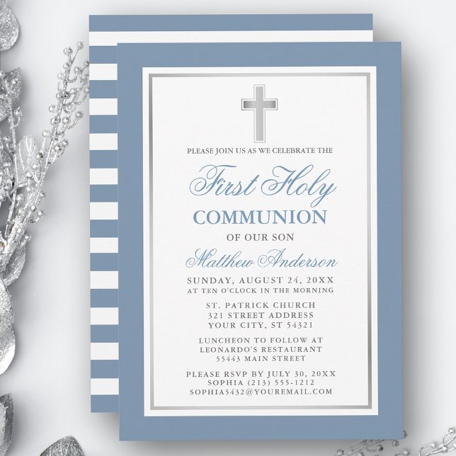 Dusty Blue Silver Striped First Holy Communion Invitation (Customize to change text size, color or text style.)