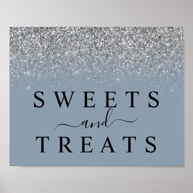 Dusty Blue & Silver Sweets & Treats Dessert Sign (Front)