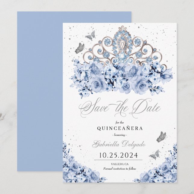 Dusty Blue Silver Tiara Save The Date Quinceañera Invitation (Front/Back)